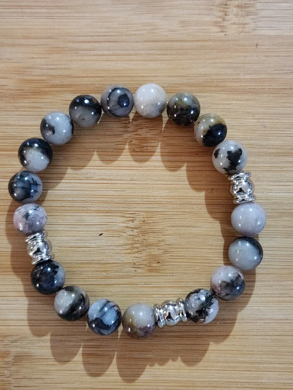 Hand Crafted Picasso Jasper Stretch Bracelet with Stainless Steel Accent Beads
